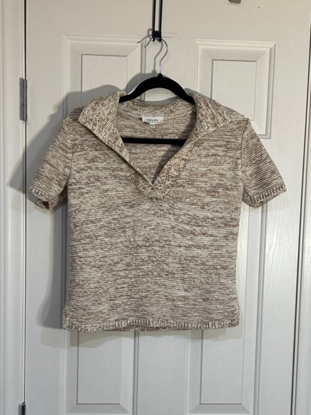 HAVEN Well Within Cream Marled Linen Cotton Blend V-Neck Johnny Collar Sweater